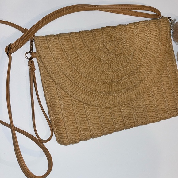 Summer straw style cross body woven bag with pom poms - Beige/tan - Picture 7 of 7